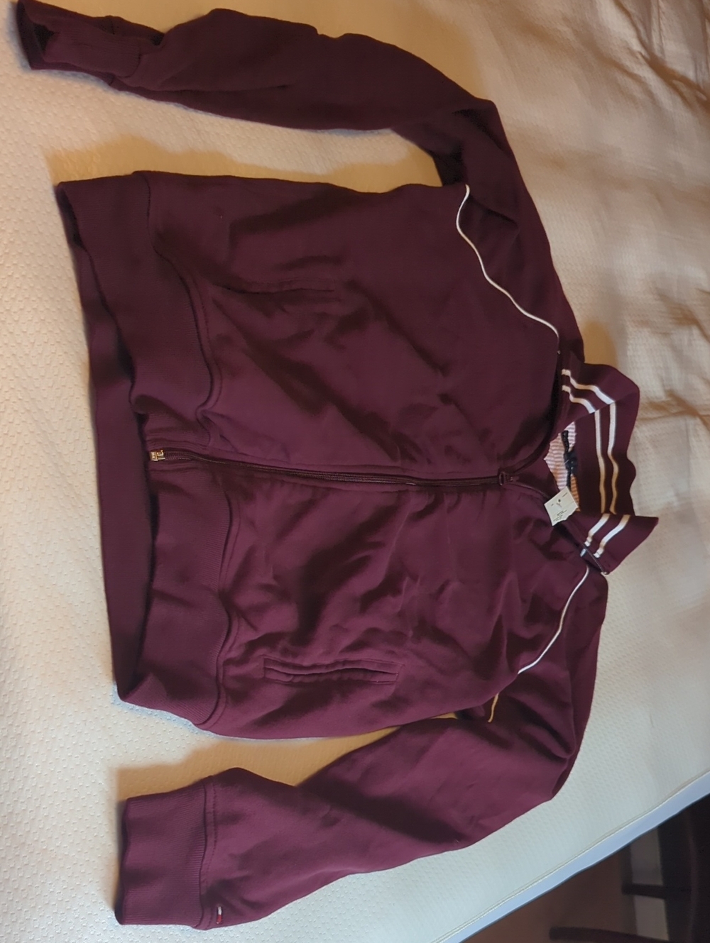 Tommy Hilfiger Burgundy Zip-Up Varsity Jacket with Striped Collar